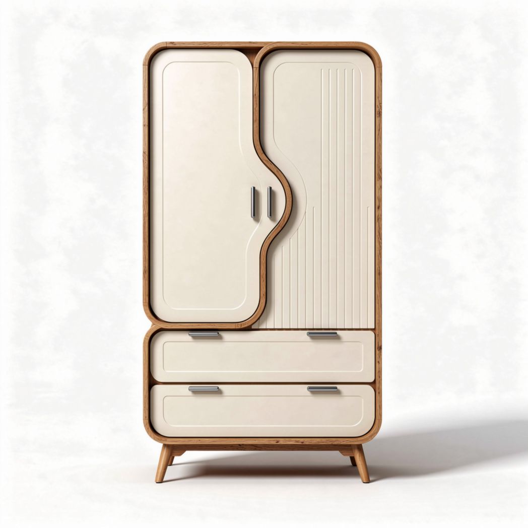 Modern storage cabinet with curved doors and two drawers in cream and wood finish