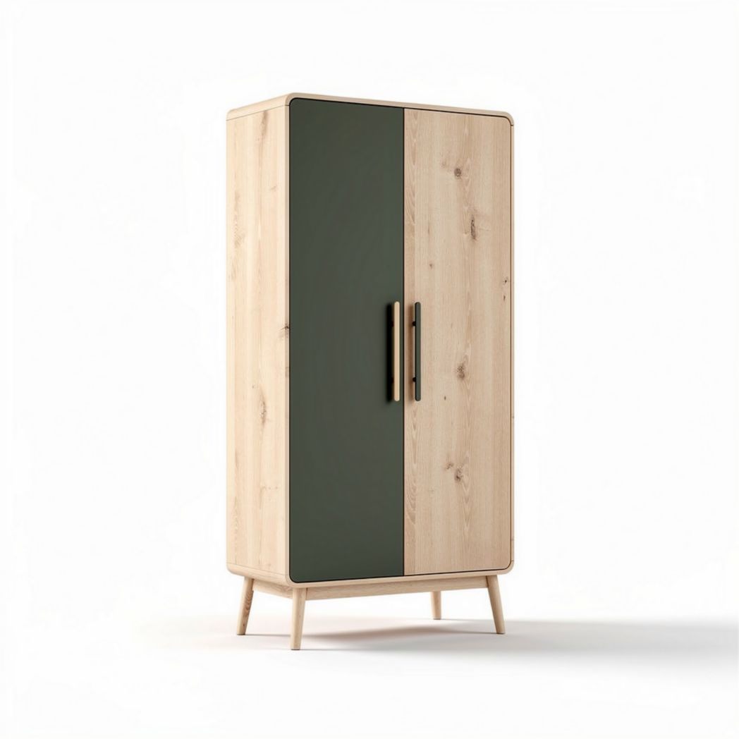 Wooden wardrobe with two doors and green accent 180 x 90 x 45cm