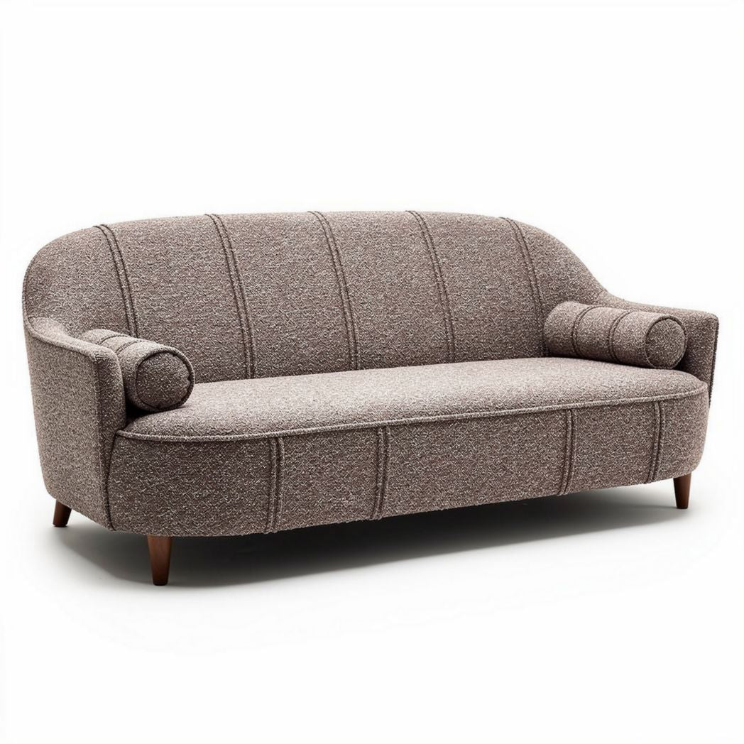 Sofa in brown fabric with curved arms and wooden legs 180 x 90 x 85cm