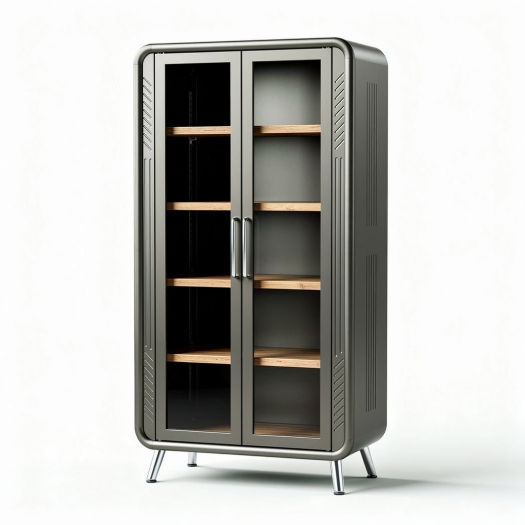 Metal storage cabinet with glass doors and wooden shelves 80 x 40 x 180cm