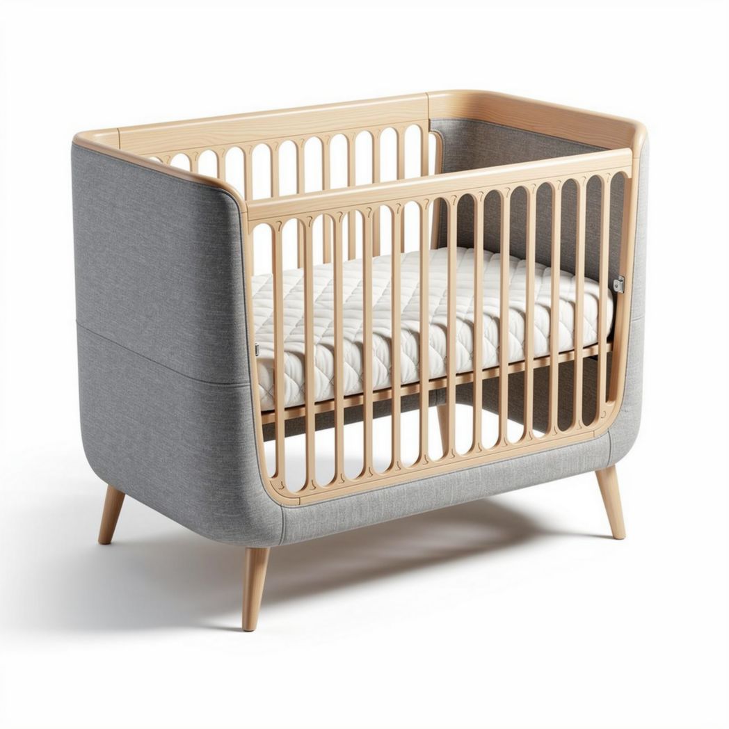Wooden baby crib with padded fabric sides and dimensions 120 x 60 x 90cm
