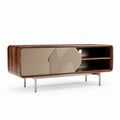 Wooden mid-century modern sideboard with geometric design and open shelving 150 x 40 x 60cm