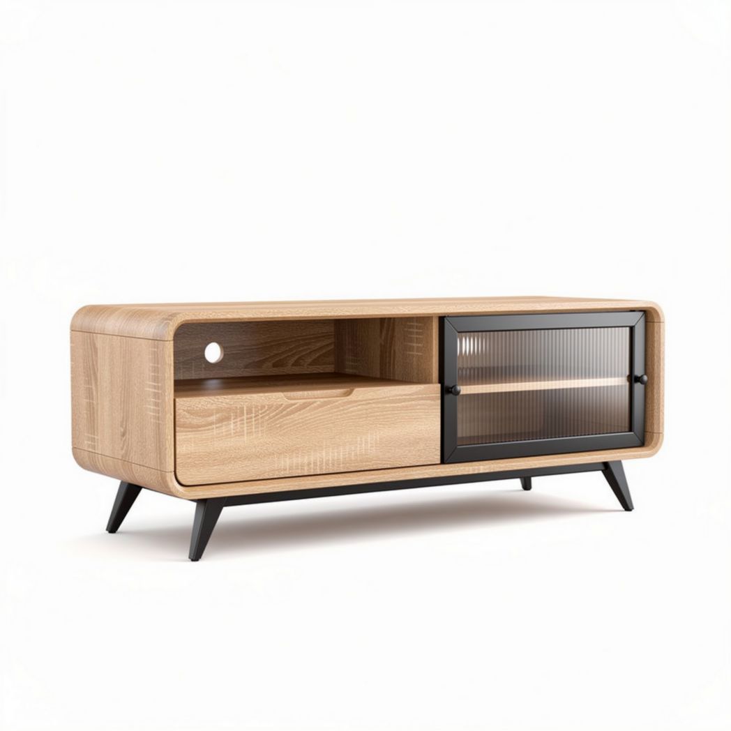 Black wood TV stand with glass doors and adjustable shelves 47 x 16 x 18 inches