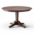 Round dining table with a wood finish and pedestal base measuring 90 x 90 x 75cm