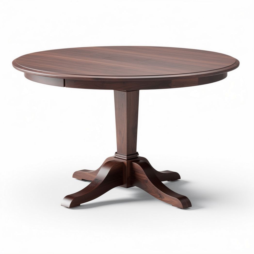 Round dining table with a wood finish and pedestal base measuring 90 x 90 x 75cm