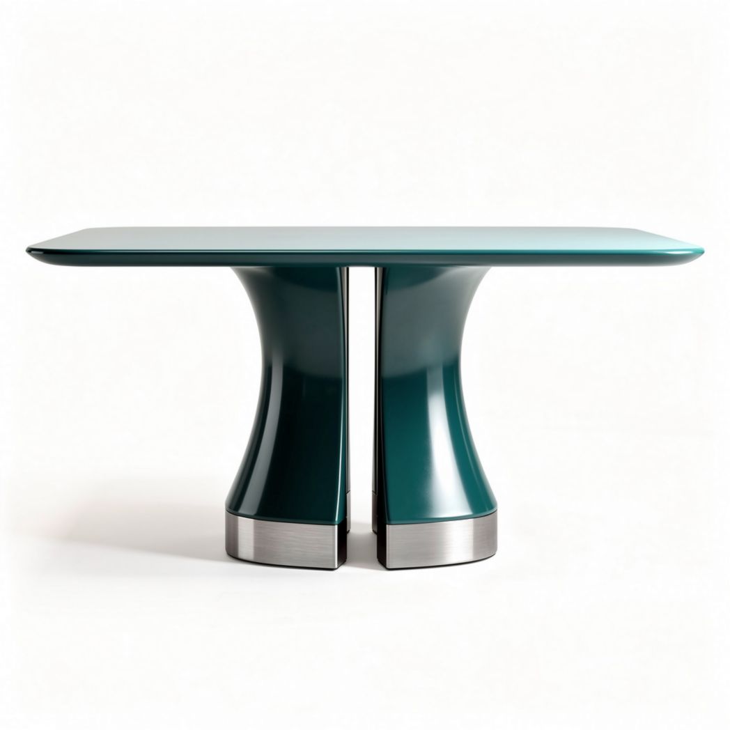 Glass top dining table with stainless steel base in teal color 120 x 60 x 75cm