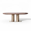 Round dining table with walnut finish and stainless steel base 200 x 100 x 75cm