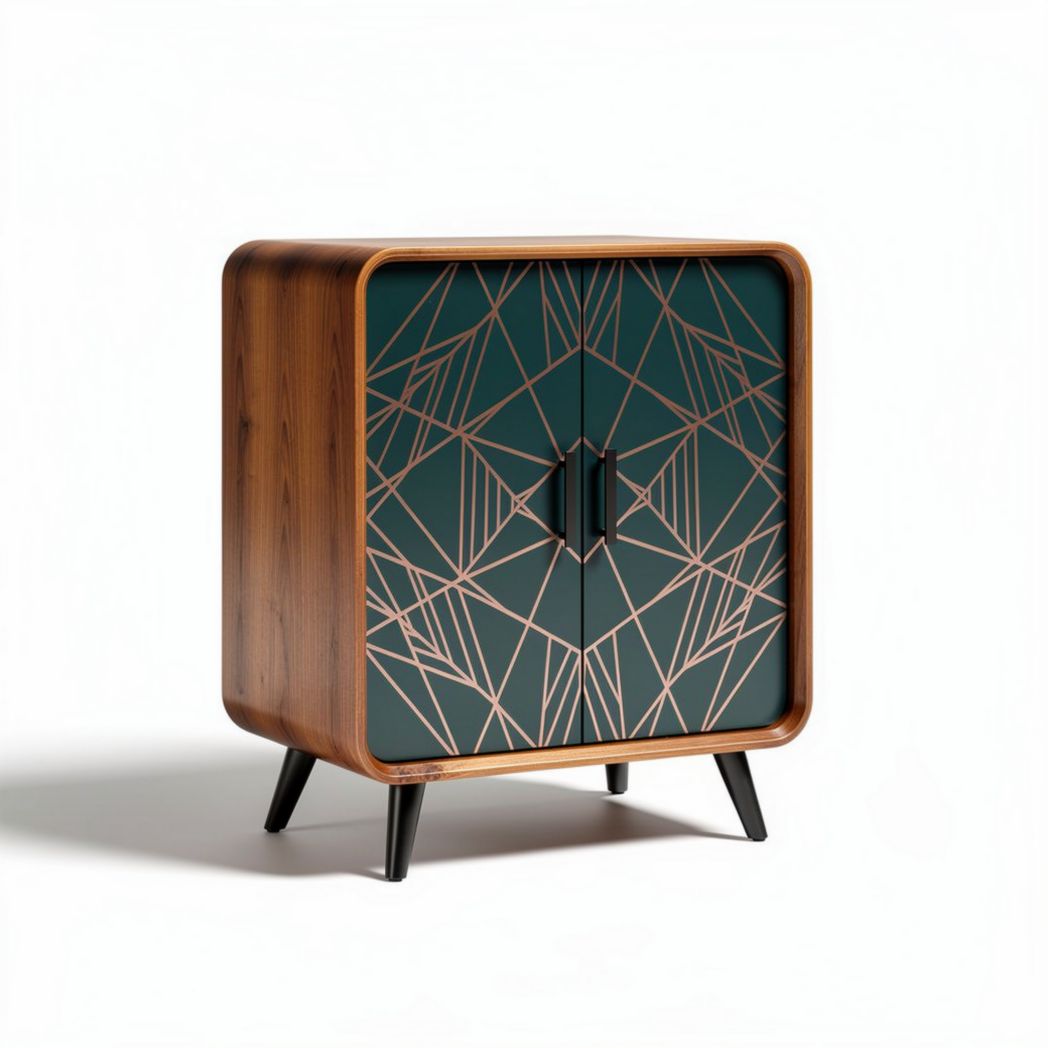 Geometric patterned storage cabinet with wooden frame and metallic legs 60 x 40 x 80cm