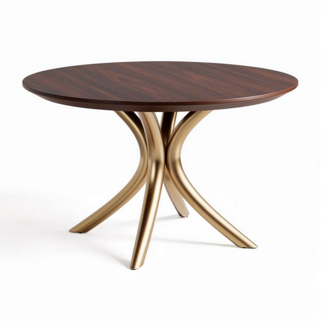 Round dining table with walnut finish top and gold metal legs 80 x 80 x 75cm